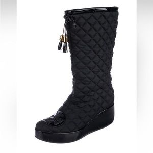 Tory Burch GIGI Black Nylon Quilted Tassel Rain Snow Platform Wedge Boots